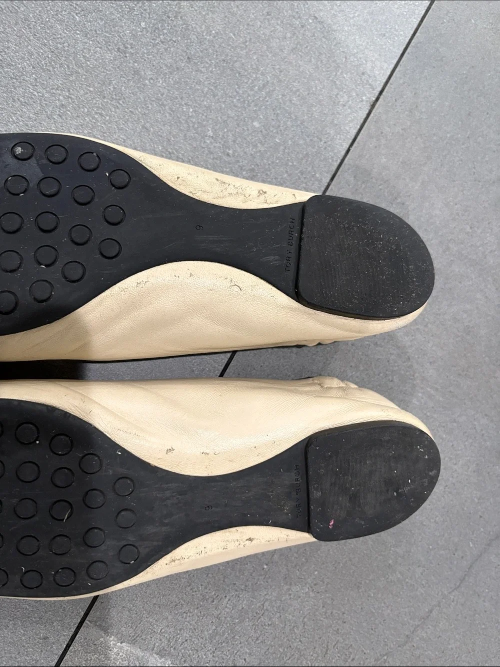 Tory Burch Two-Tone Cream and Black Leather Logo Ballet Flats